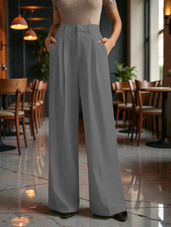 Women Light grey High-rise Straight Fit Korean Trousers