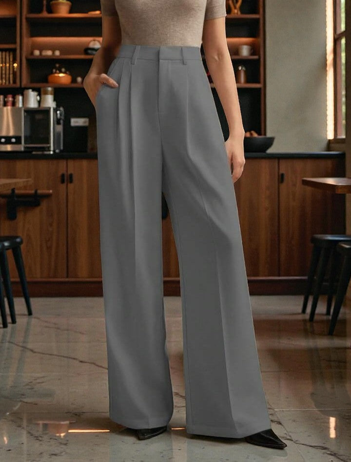 Women Light grey High-rise Straight Fit Korean Trousers