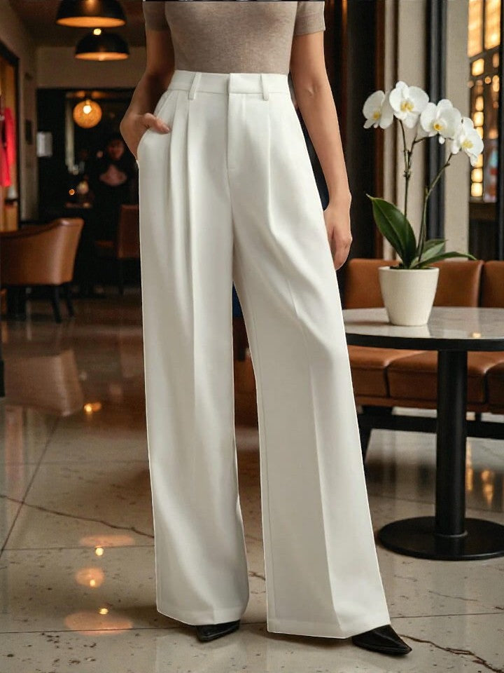 Women Off White High-rise Straight Fit Korean Trousers