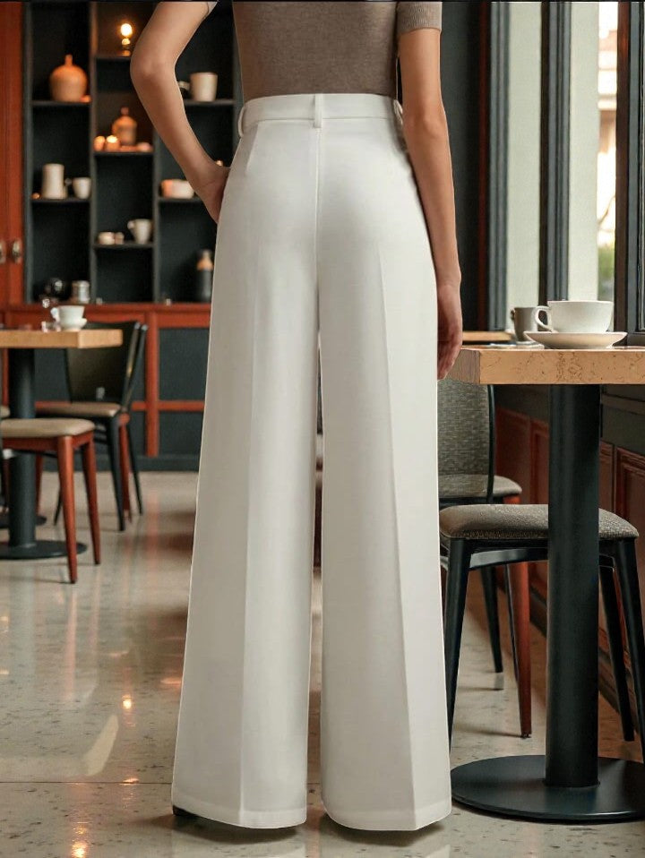 Women Off White High-rise Straight Fit Korean Trousers