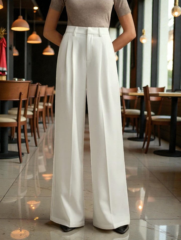 Women Off White High-rise Straight Fit Korean Trousers