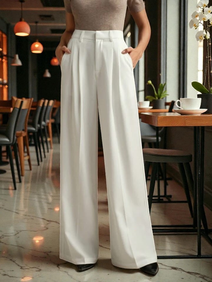 Women Off White High-rise Straight Fit Korean Trousers