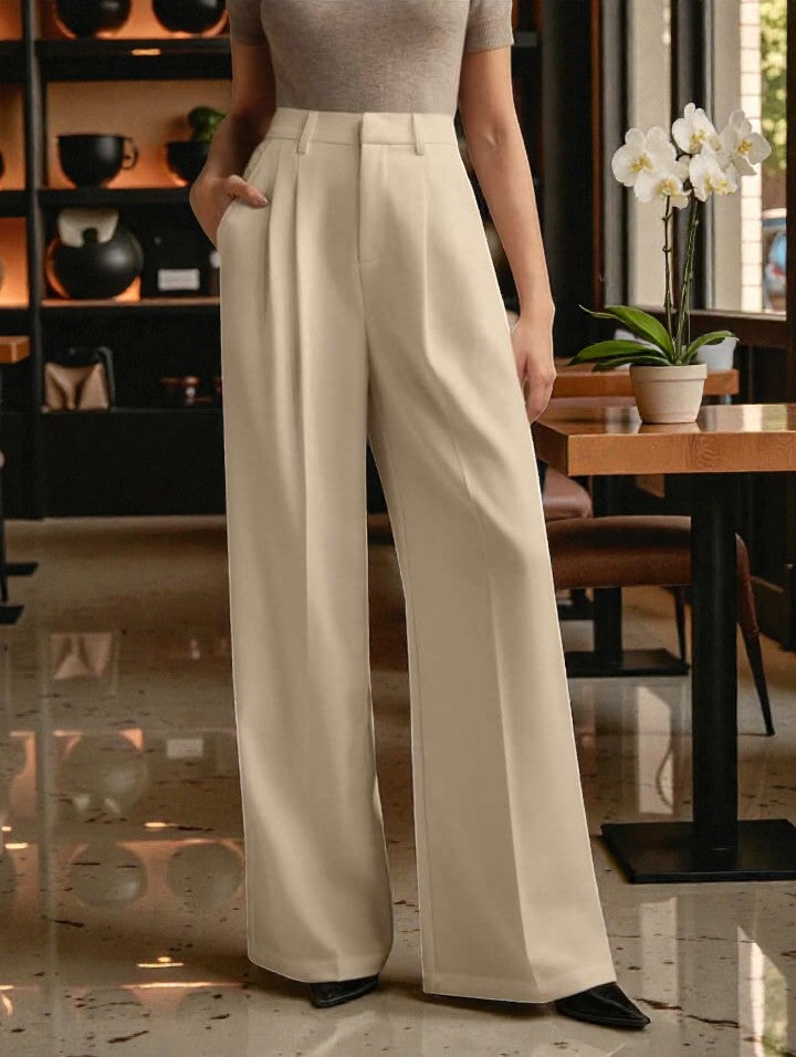 Women Light beige High-rise Straight Fit Korean Trousers