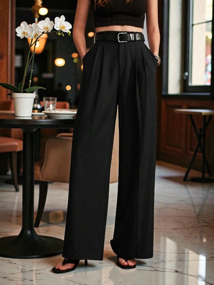 Women Black High-rise Straight Fit Korean Trousers