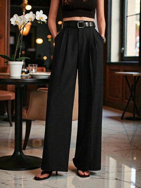 Women Black High-rise Straight Fit Korean Trousers