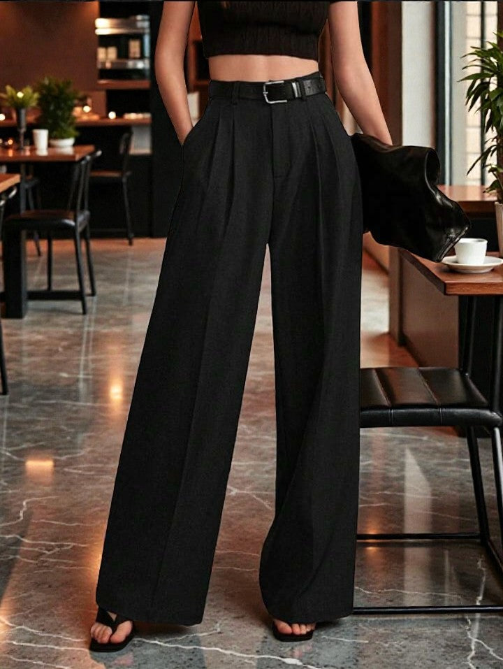 Women Black High-rise Straight Fit Korean Trousers