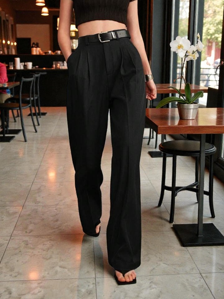 Women Black High-rise Straight Fit Korean Trousers