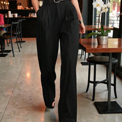 Women Black High-rise Straight Fit Korean Trousers