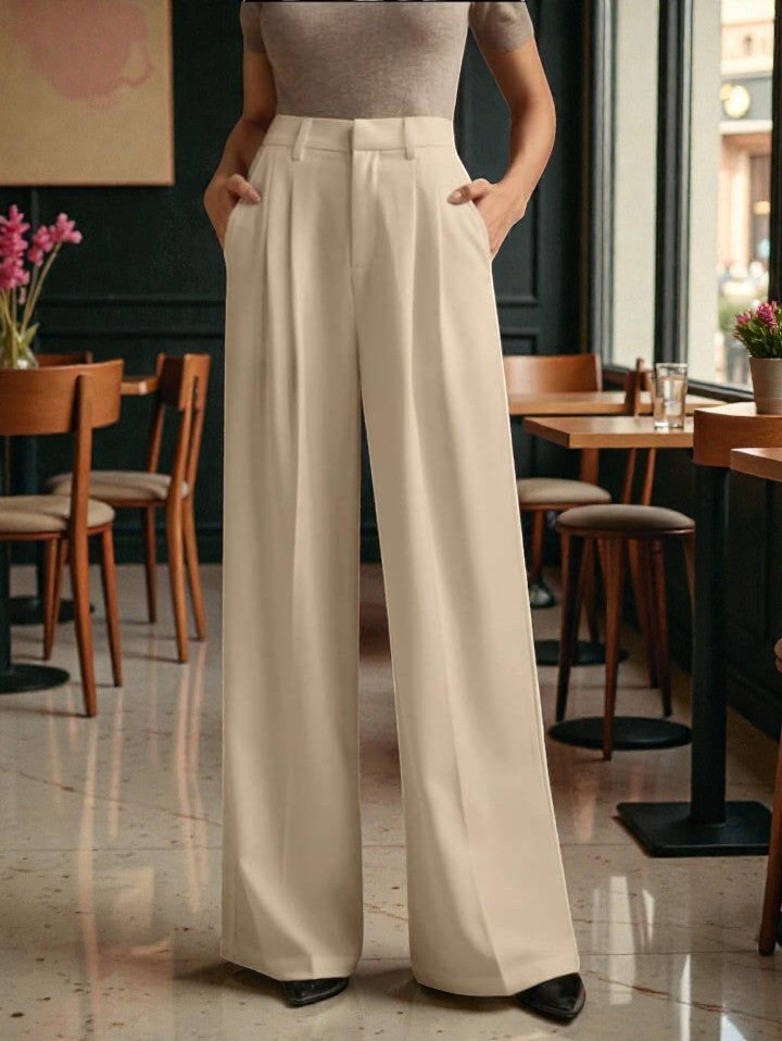 Women Light beige High-rise Straight Fit Korean Trousers