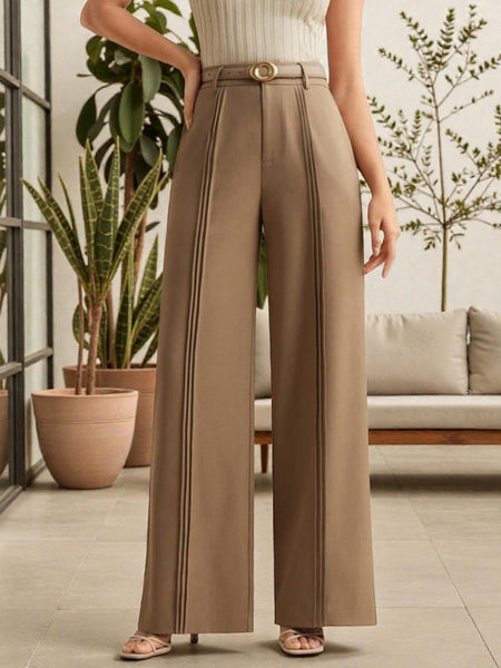 Women Dark Beige High-rise Straight Fit Korean Pants