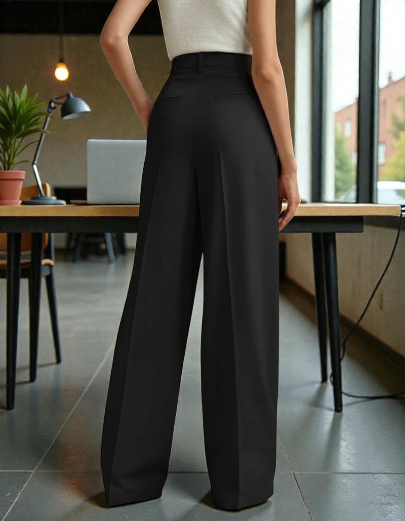 Women Black High-rise Straight Fit Korean Trousers