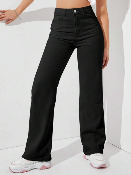 Women Black High-Rise Classic Straight Denim