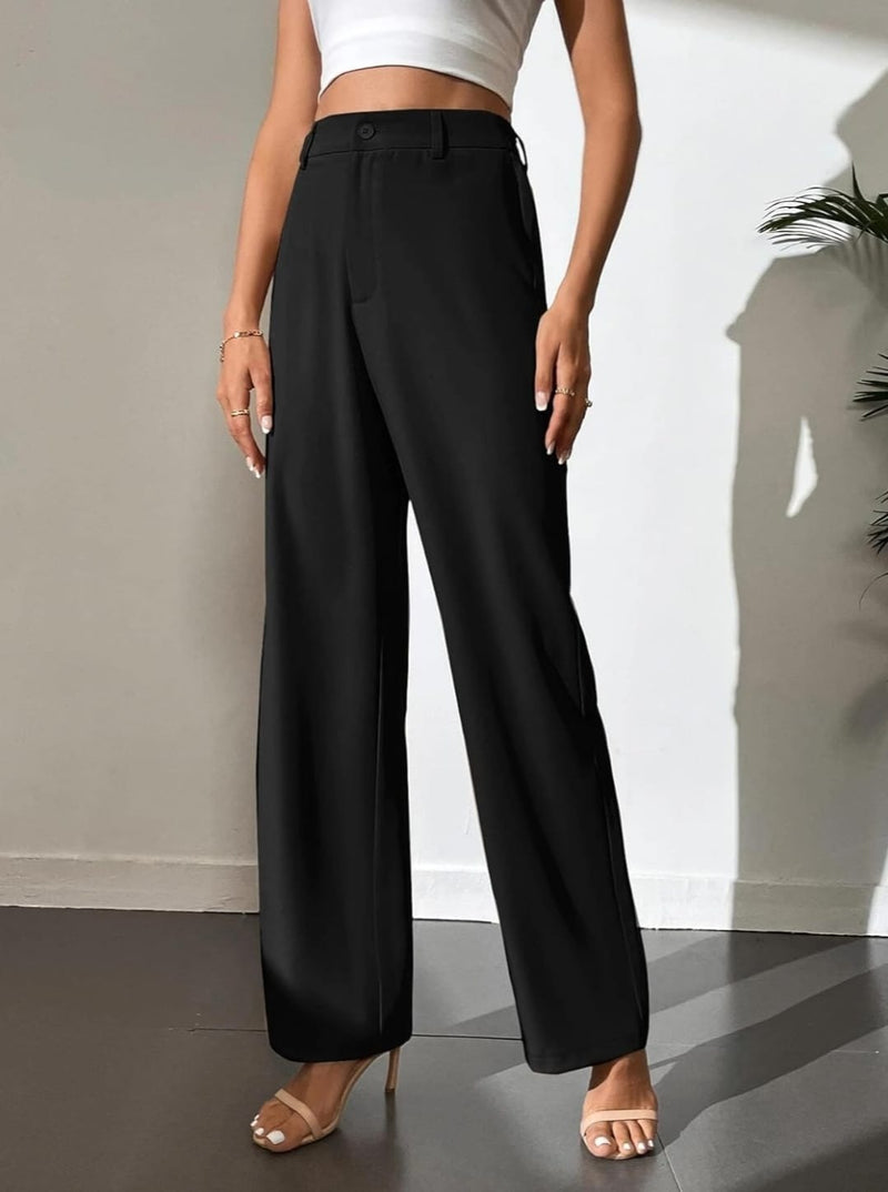 Women Black High-Rise Straight Fit Trousers