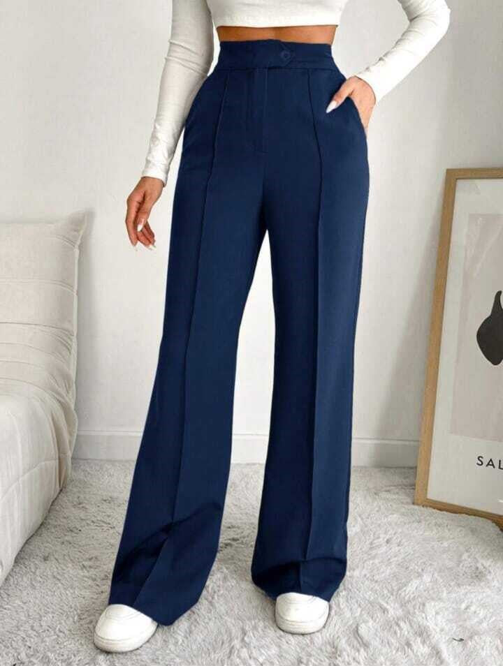 Navy Blue High-Rise Straight-Fit Korean Pants