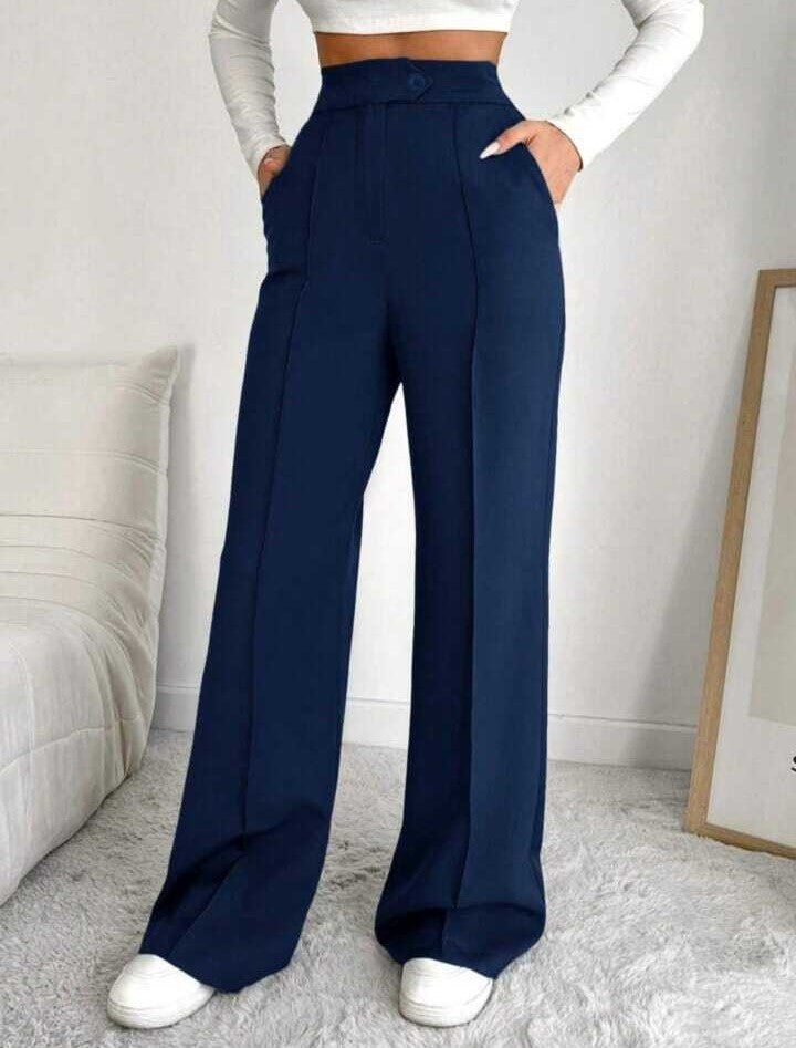Navy Blue High-Rise Straight-Fit Korean Pants