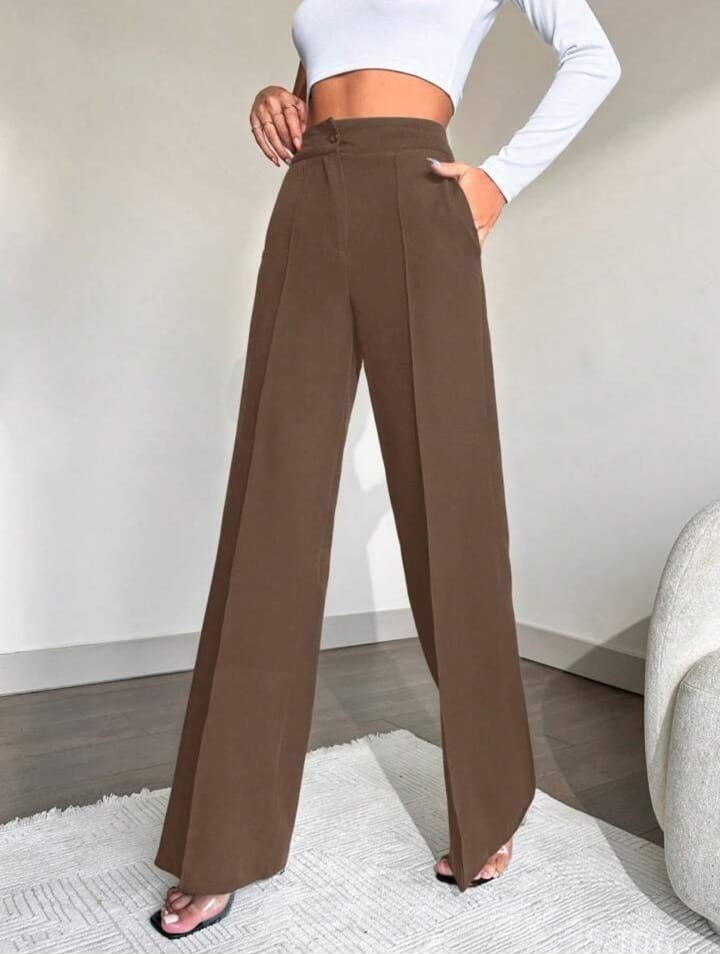 Women Brown High-rise Straight Fit Korean Pants