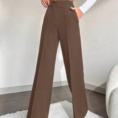 Women Brown High-rise Straight Fit Korean Pants