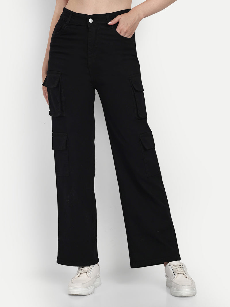 Women Black High-Rise Classic Denim Cargo