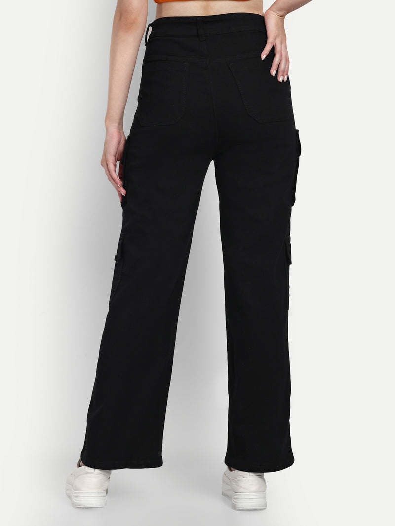 Women Black High-Rise Classic Denim Cargo
