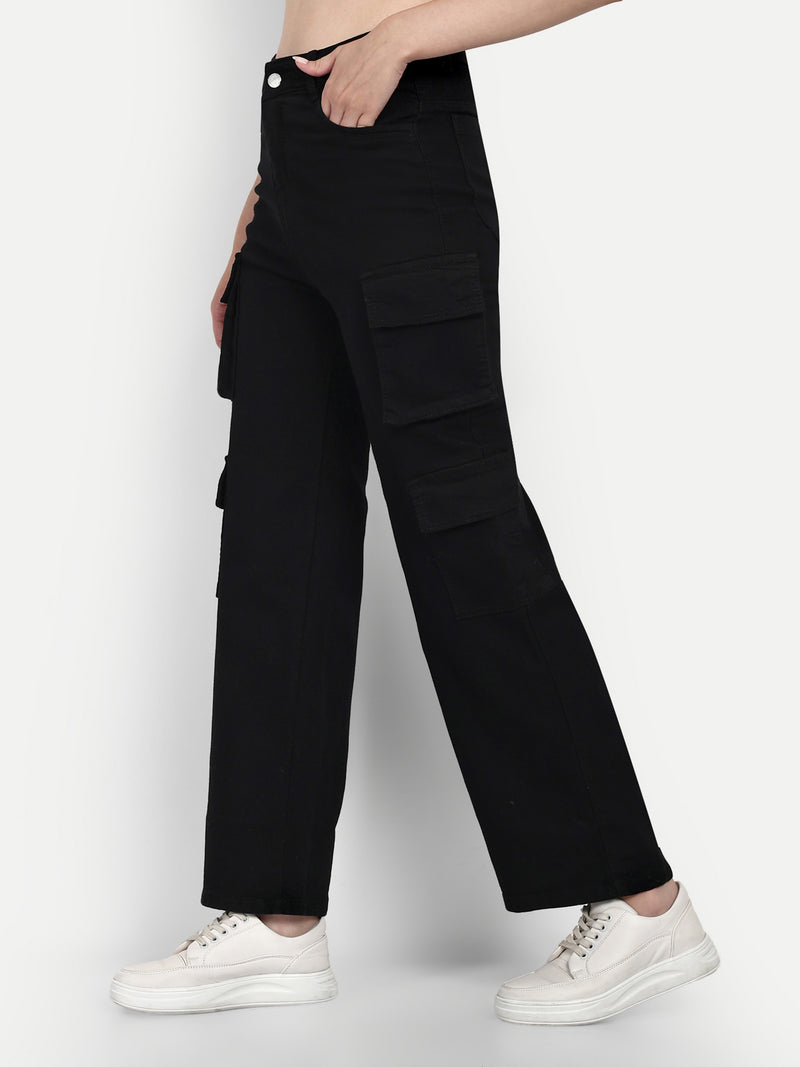 Women Black High-Rise Classic Denim Cargo