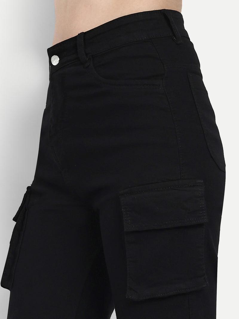 Women Black High-Rise Classic Denim Cargo
