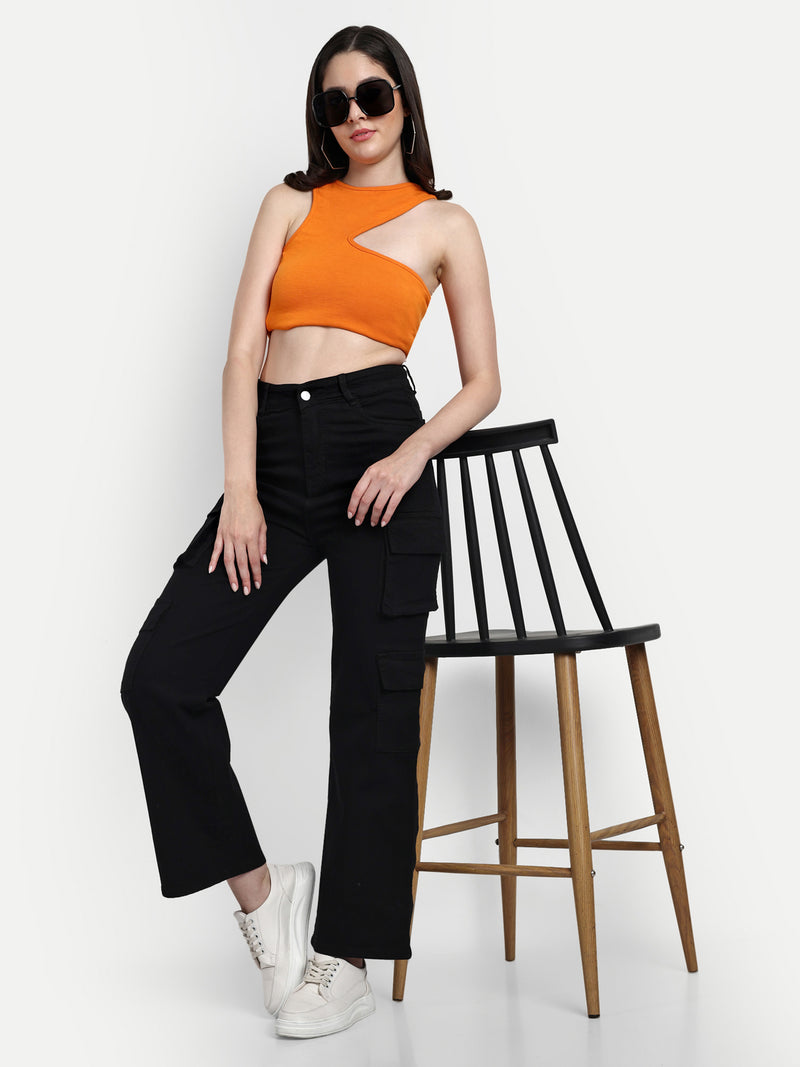 Women Black High-Rise Classic Denim Cargo