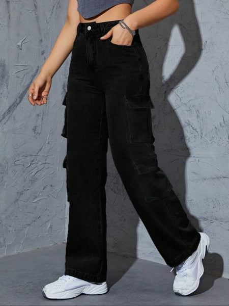 Women Black High-Rise Korean-Style Denim Cargo