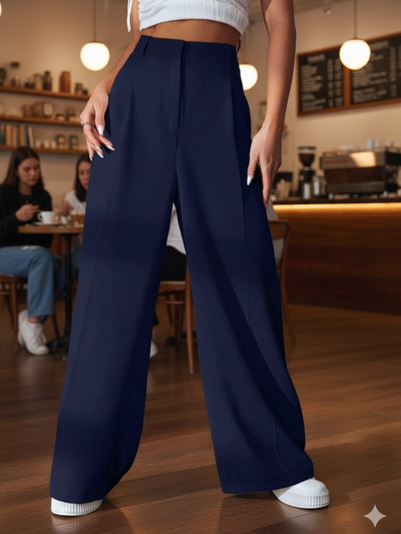 Women Navy blue High-rise Baggy Fit Korean Pants