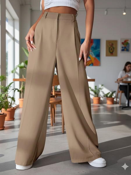 Women Beige High-rise Baggy Fit Korean Pants