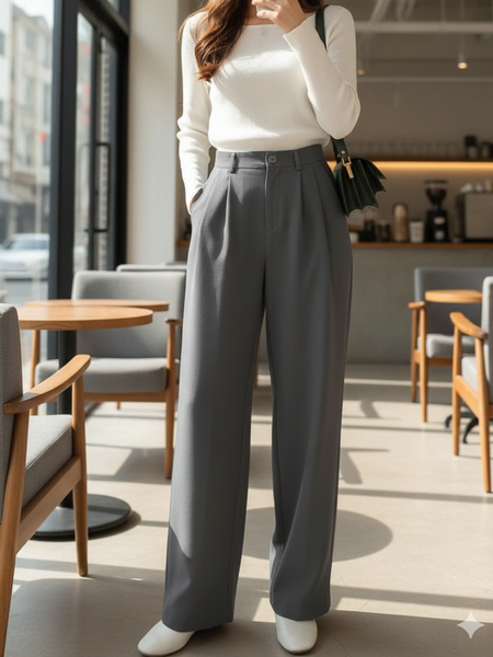 Women Dark Grey High-rise Baggy Fit Korean Pants