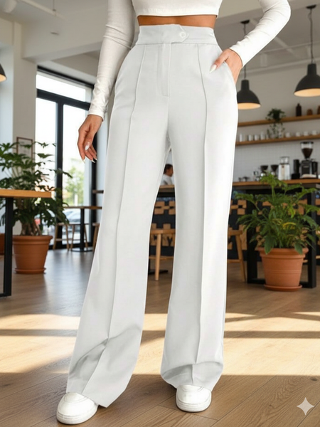 Women Off White High-rise Straight Fit Korean Pants