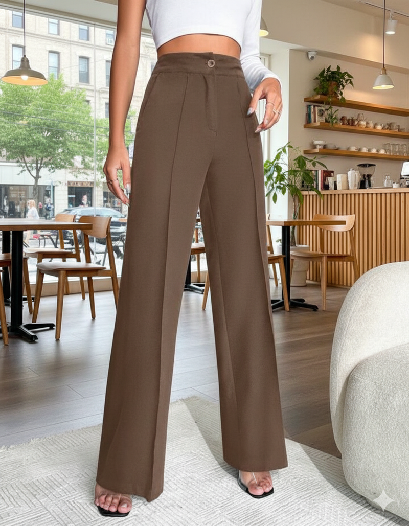 Women Brown High-rise Straight Fit Korean Pants