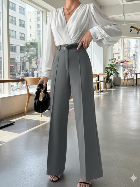 Women Dark grey High-rise Straight Fit Korean Pants