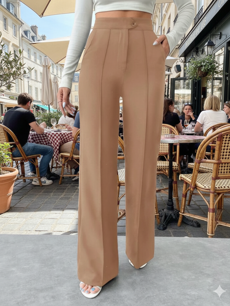 Dark Beige High-Rise Straight-Fit Korean Pants