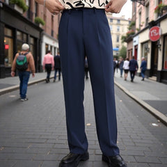 BROADSTAR Men Navy blue Mid-Rise Straight Fit Korean Trousers