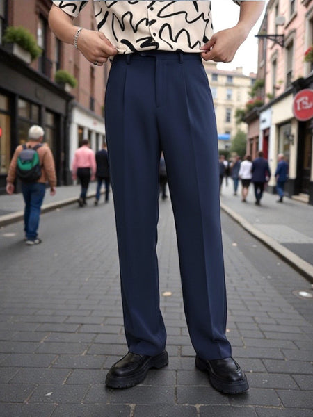 BROADSTAR Men Navy blue Mid-Rise Straight Fit Korean Trousers