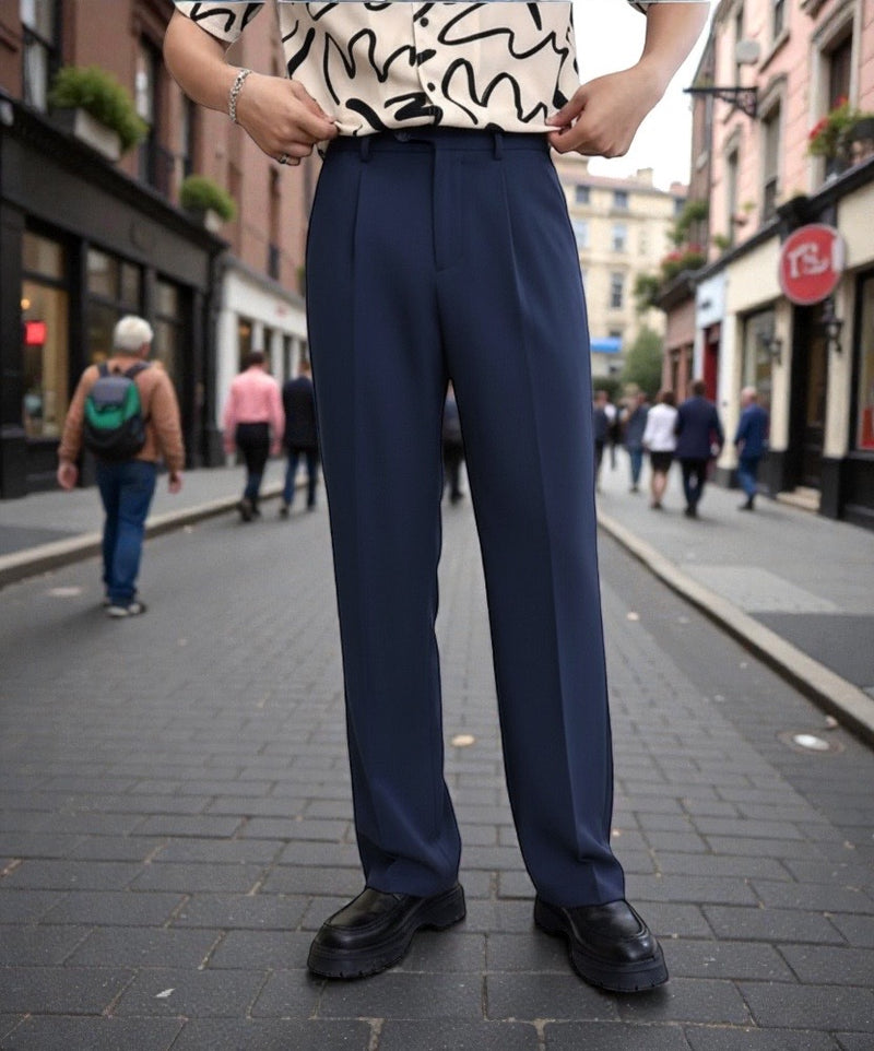 BROADSTAR Men Navy blue Mid-Rise Straight Fit Korean Trousers