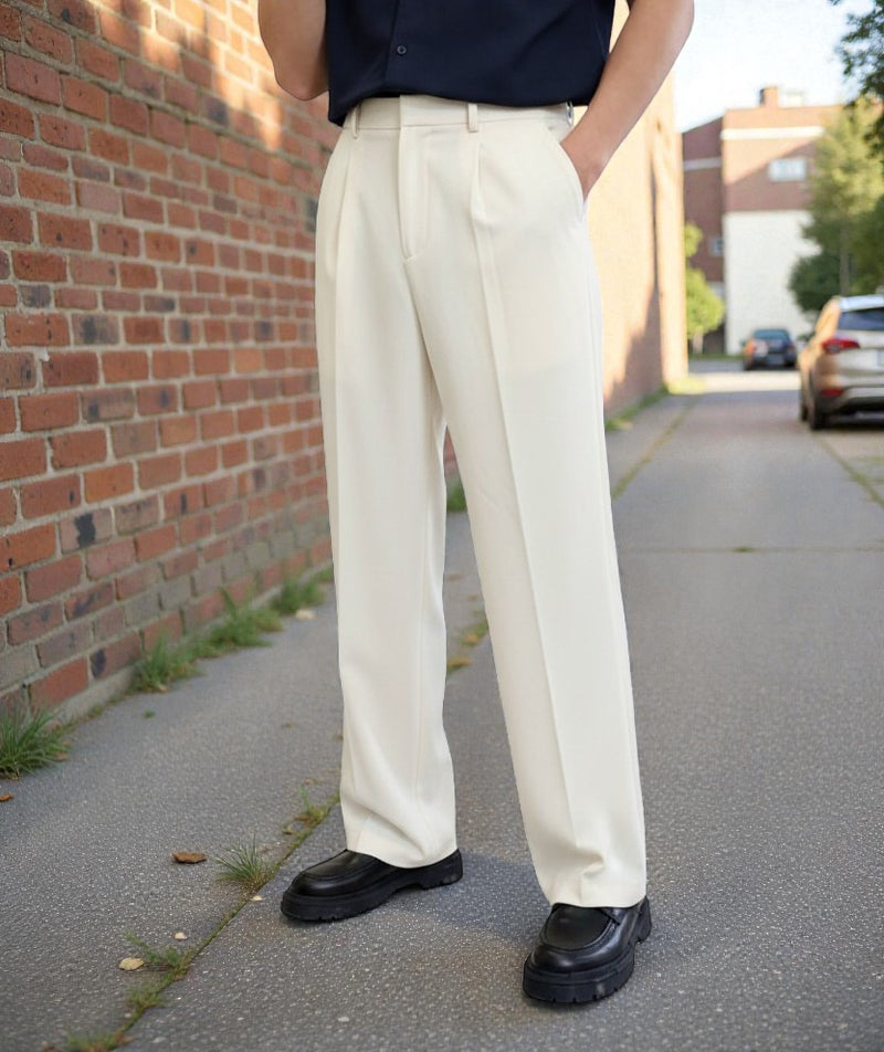 Men White Mid-Rise Straight Fit Korean Trousers
