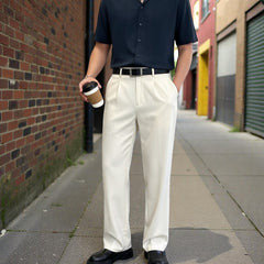 Men White Mid-Rise Straight Fit Korean Trousers