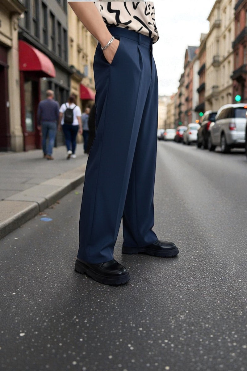 BROADSTAR Men Navy blue Mid-Rise Straight Fit Korean Trousers