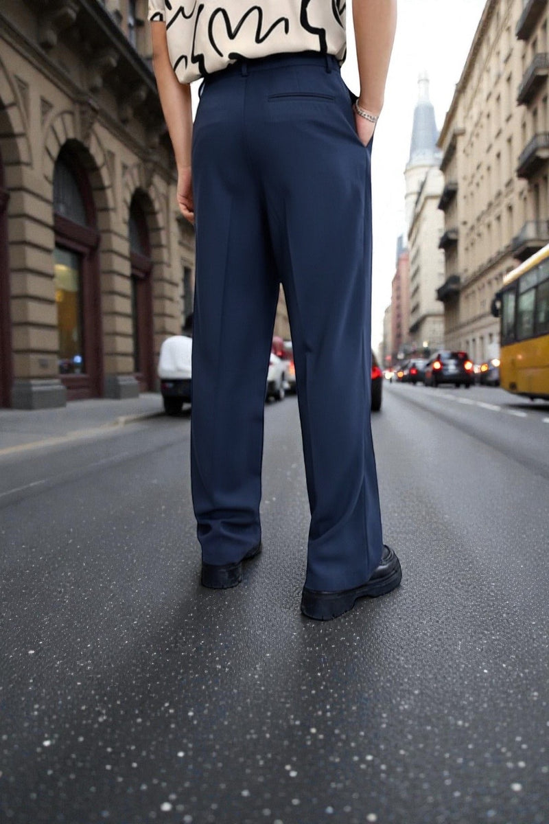 BROADSTAR Men Navy blue Mid-Rise Straight Fit Korean Trousers