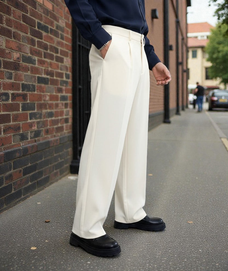 Men White Mid-Rise Straight Fit Korean Trousers
