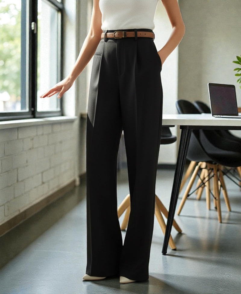 Women Black High-rise Straight Fit Korean Trousers