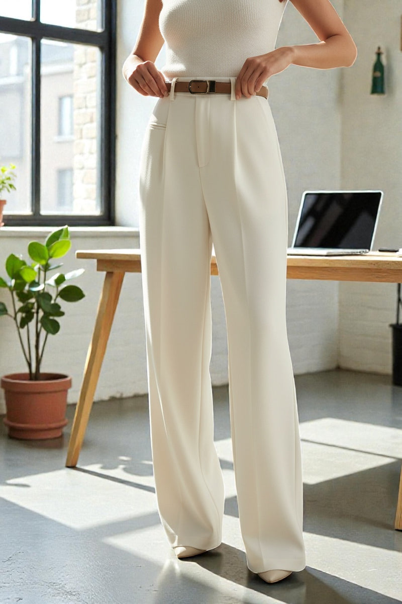 Women Off White High-rise Straight Fit Korean Trousers
