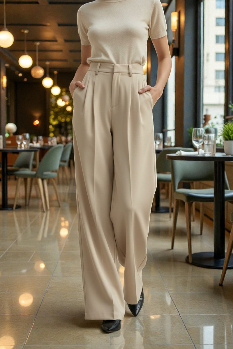 Women Off White High-rise Straight Fit Korean Trousers