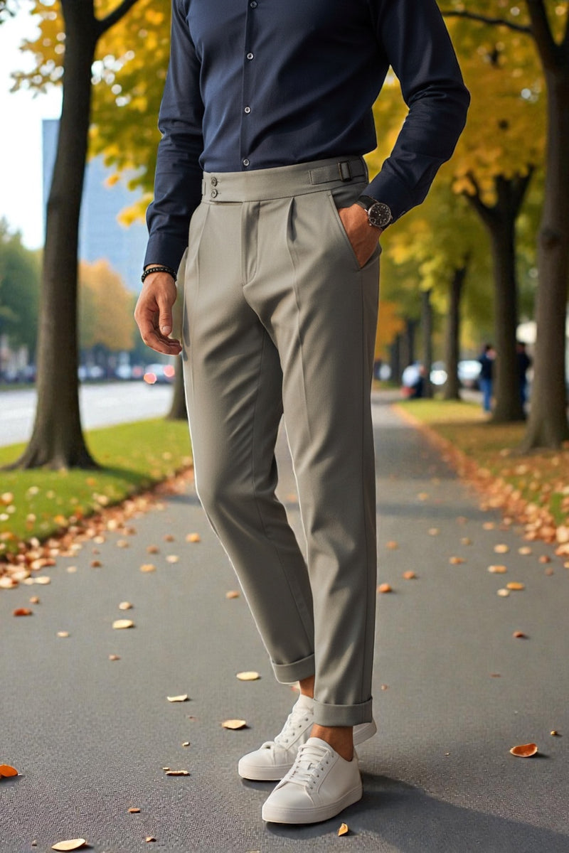 Italian Midi Rise Men Light grey Mid-Rise Slim Fit Gurkha Italian Pants – Broadstar