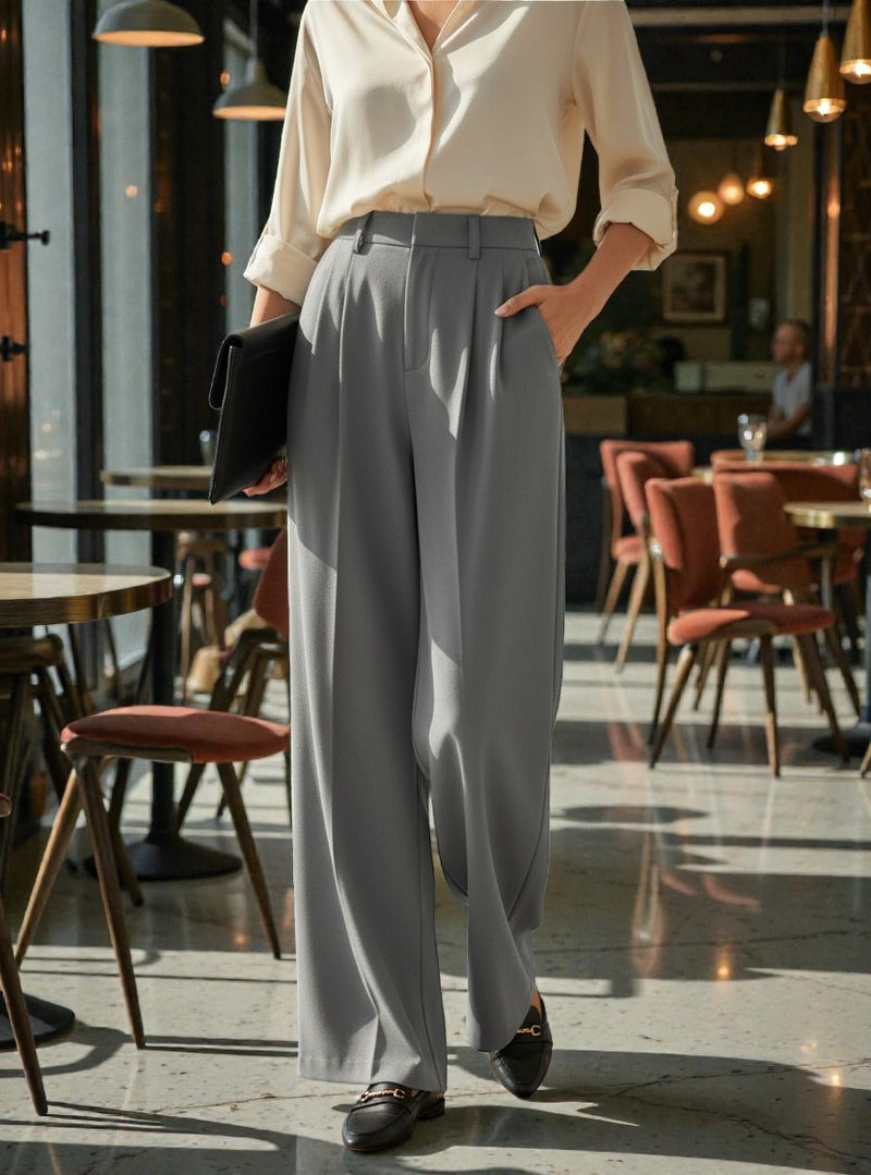 Women Light grey High-rise Straight Fit Korean Trousers