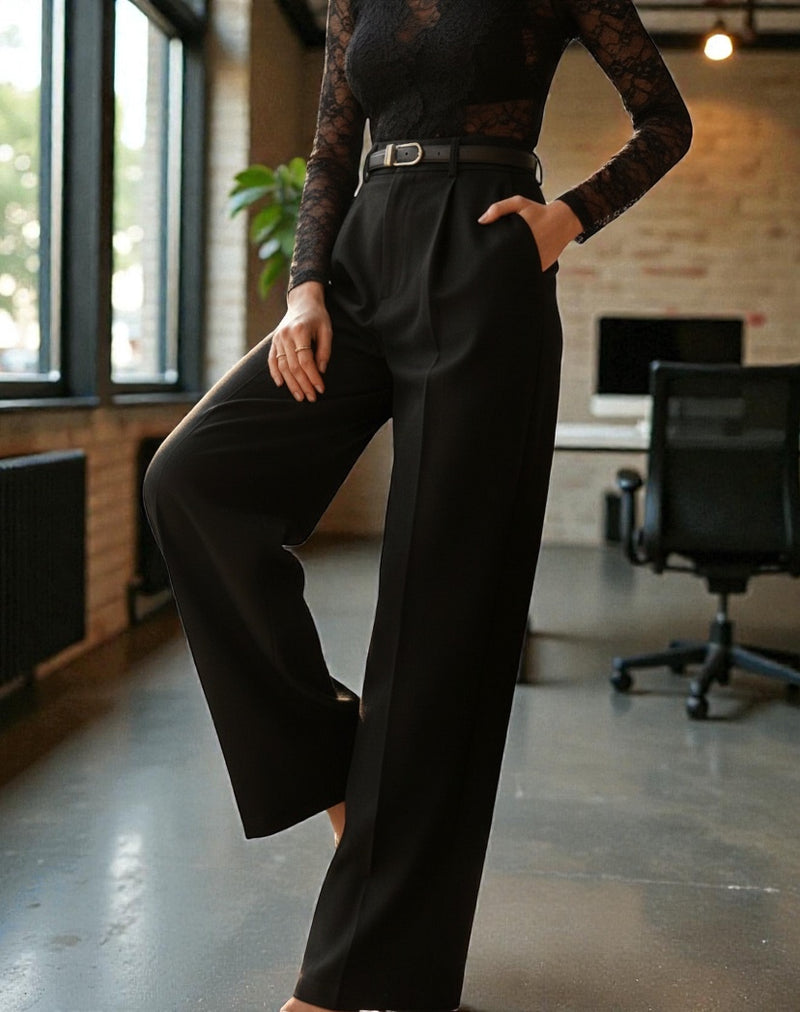 Women Off White High-rise Straight Fit Korean Trousers