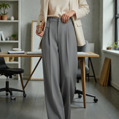 Women Off White High-rise Straight Fit Korean Trousers