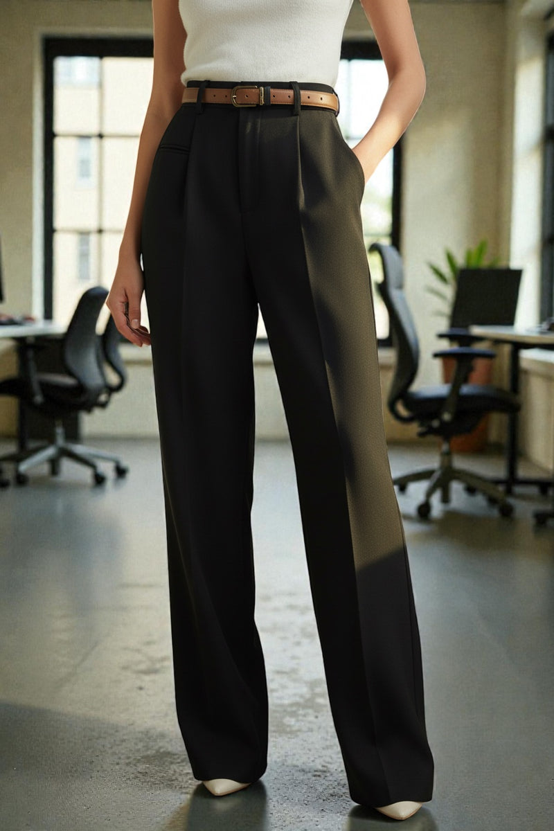 Women Black High-rise Straight Fit Korean Trousers